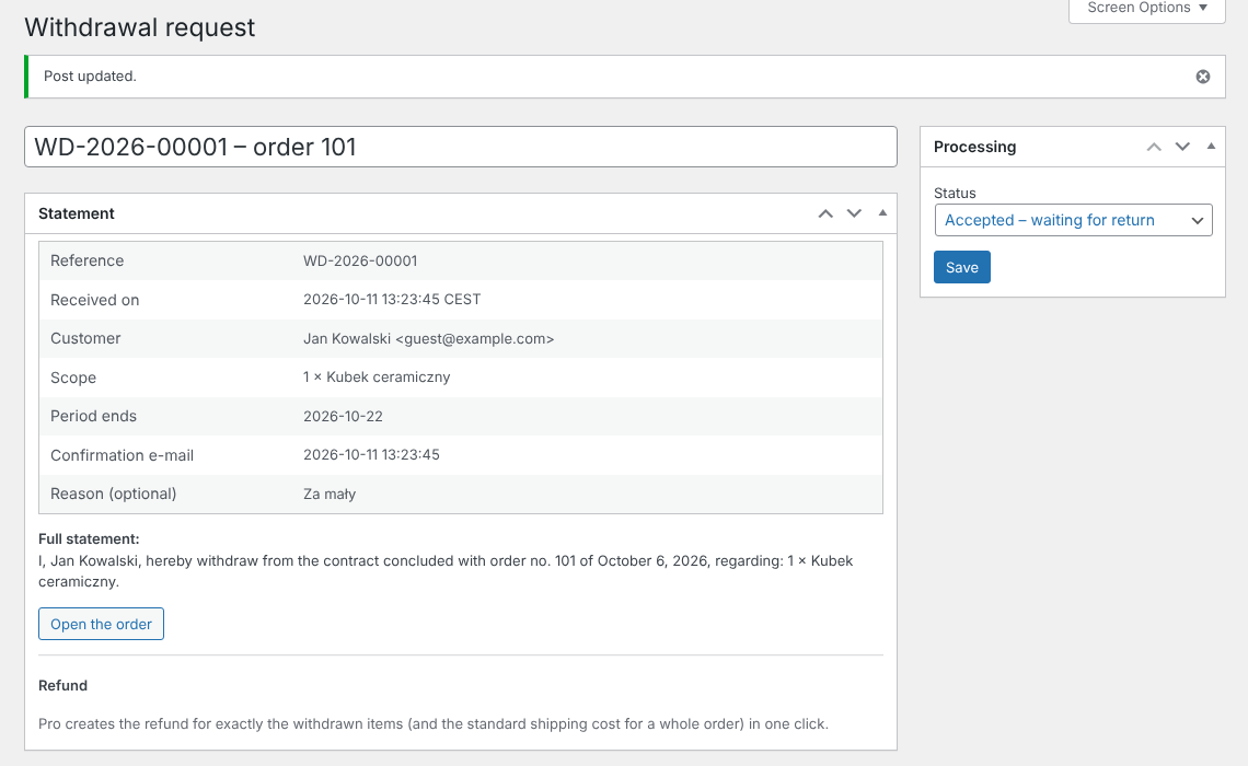 Withdrawal statement in the WooCommerce admin with processing status