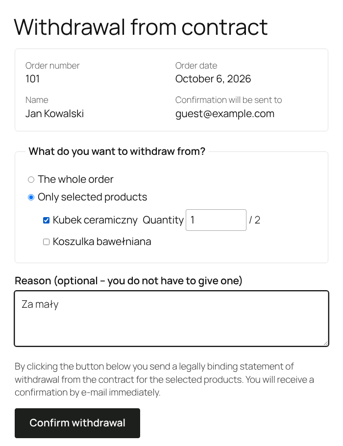 Step 2 of the withdrawal form: choose the whole order or selected products, then confirm